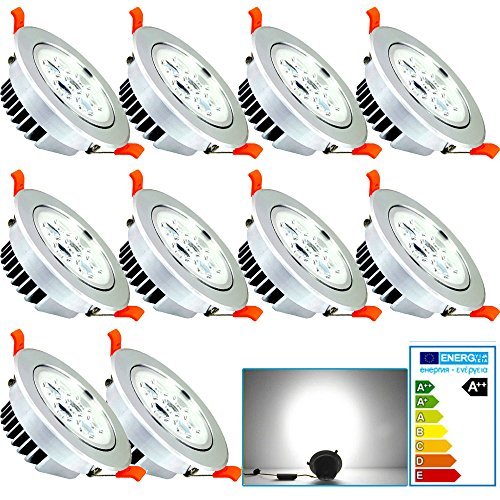 Preisvergleich Produktbild VINGO® 10 Stücke 7W LED Einbauleuchte Dimmbar Kaltweiß Einbaustrahler Spot Energiesparlampe Set Rahmen Silber 230V