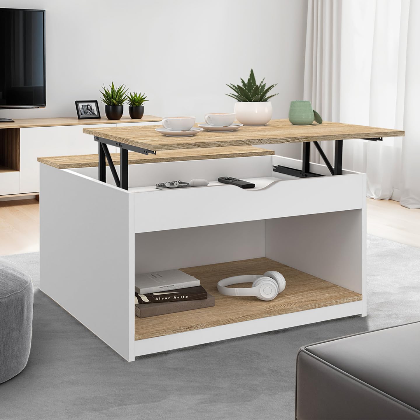 IDMarket - Table Basse Plateau relevable carrée ELEA avec Coffre Bois Blanc et façon hêtre