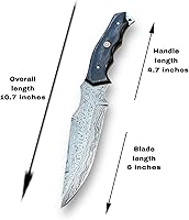 Vista 6 de Cuchillo de caza hecho a mano de acero de Damasco con funda de cuero, cuchillos Bowie de Damasco de hoja fija forjados a mano de 10.5 pulgadas