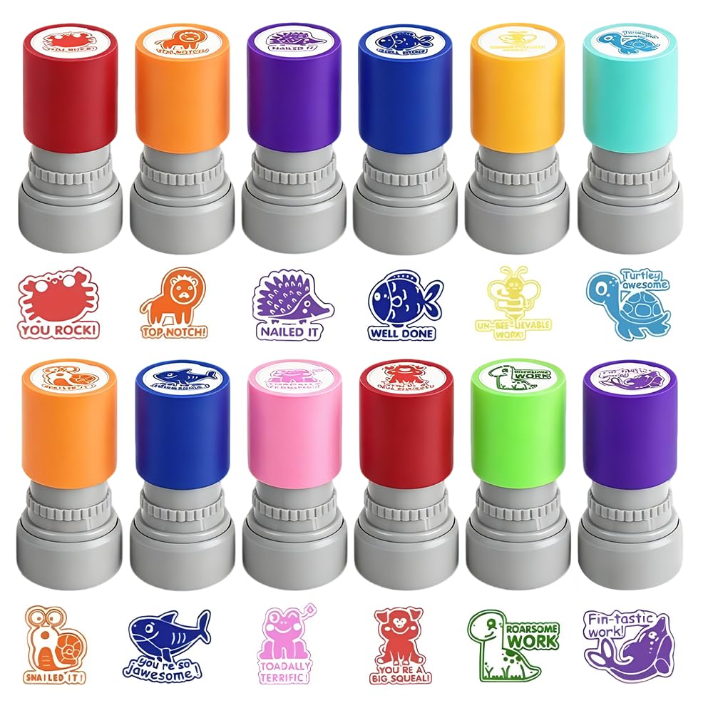 12PCS Teacher Stamps Set, Teachers Self-Inking Rubber Stamps, Colourful Review Stamp for Grading Homework Test Motivation, Classroom Incentive Rewards, Teachers Supplies Gifts