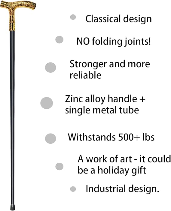Walking Cane for Men & Women - 36.5 inch Heavy Duty 500+ lbs Capacity, Ergonomic Handle, Decorative & Ornate Fancy Design, Gothic & Goth Elegant Matte Black & Gold Artistry, Metal Cane