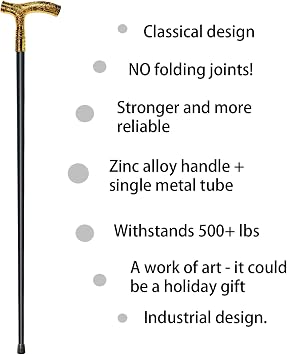 Walking Cane for Men & Women - 36.5 inch Heavy Duty 500+ lbs Capacity, Ergonomic Handle, Decorative & Ornate Fancy Design, Gothic & Goth Elegant Matte Black & Gold Artistry, Metal Cane