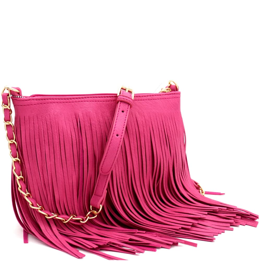 Front and Back Both Side Fringed Soft PU Leather Medium Long Cross Body Messenger Shoulder Bag