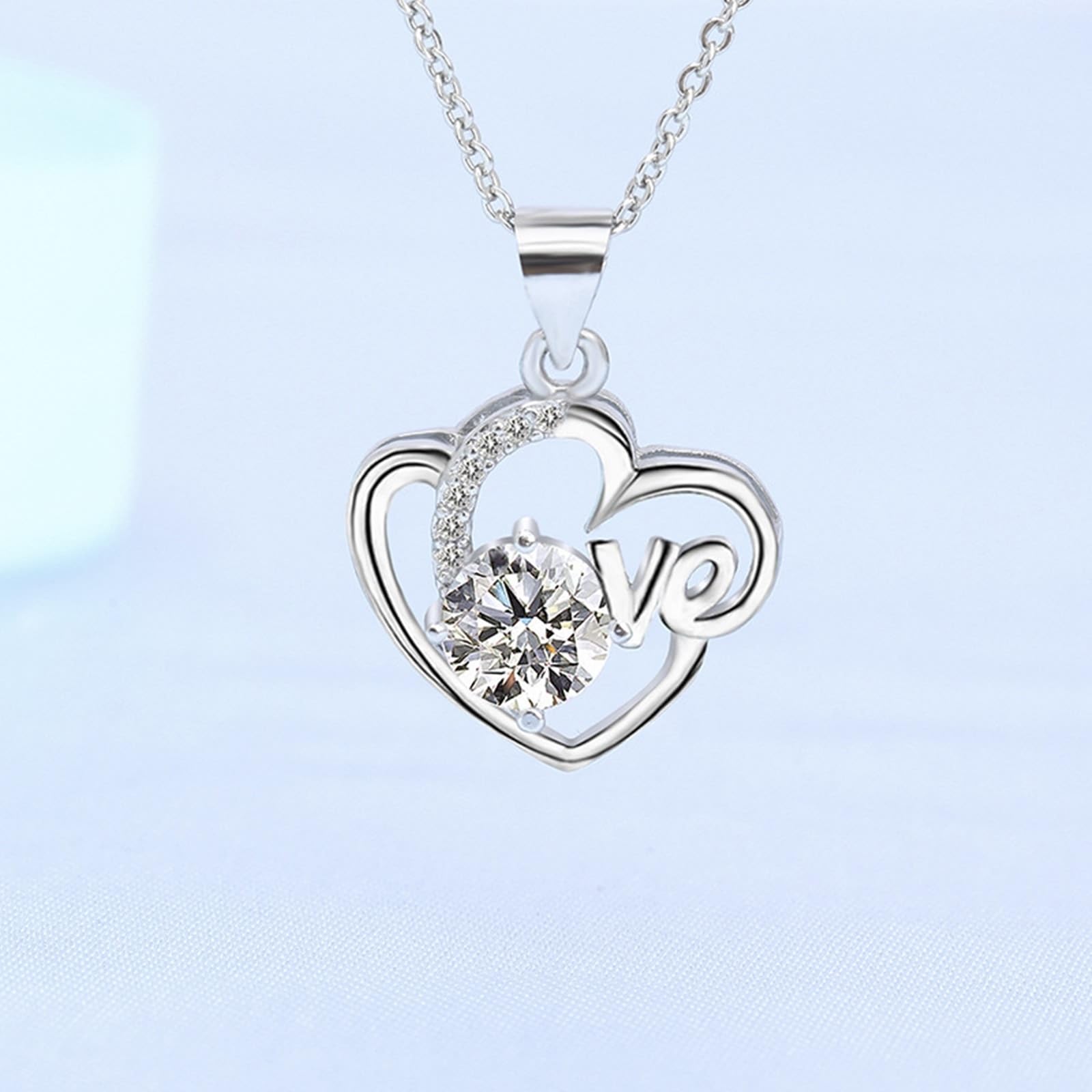 Collana Donna Matrimonio Oro Bianco 9k/14k/18k, Ciondolo per Collana Cuore d'Amore con Diamante Sintetico, Catena Regolabile 40+5 cm
