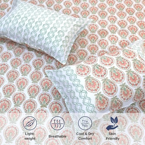 Image of TOAI Hand Block Printed Bedsheet | Bed Sheet Flatsheet | Pure Cotton | Double Bed Queen Size 90 inchx108 inch | 300 TC Bedsheets | Includes 2 Pillow Covers (Peach Green White)