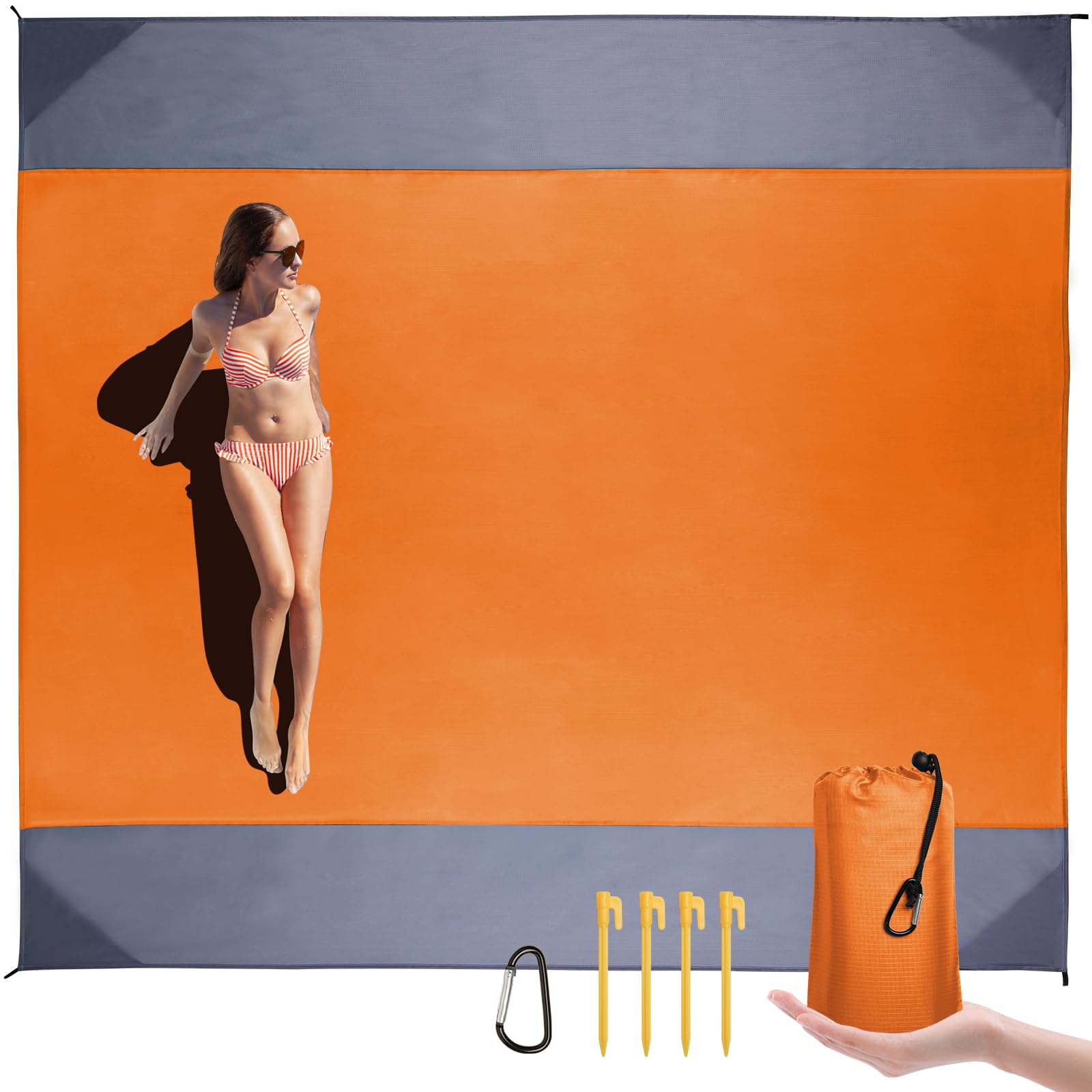 Turakun Beach Blanket Waterproof Sandproof: Beach Mat Sand Free Waterproof Large Sand Picnic Blanket with 4 Stakes & 4 Corner Pocket Blanket Beach Essentials for Travel Camping, 118″×110″ Orange XL