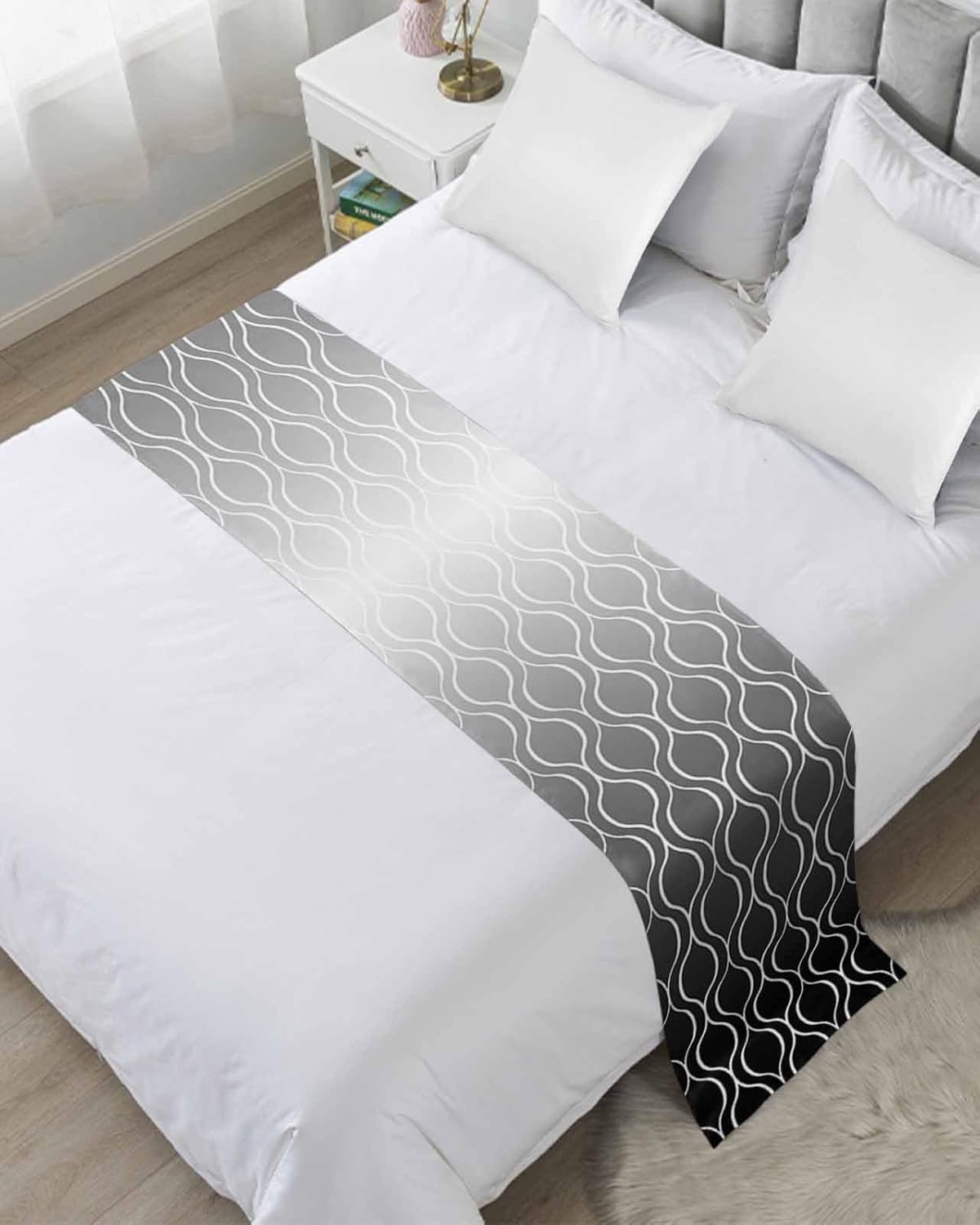 Moroccan Black Bed Runner Scarf Twin Size, Geometric Abstract Gradient Plaid Luxury Bed Throw Runners & Scarves for Twin Full Queen King Foot of Bed, Bedroom Hotel Wedding Room Decoration, 71"x20"