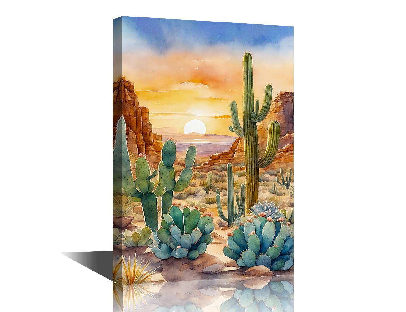 TISHIRON Desert Wall Art Saguaro Cactus Wall Decor Modern Home Decor Flowers Wall Decoration for Living Room Bedroom Office 1 Piece Artwork Framed Ready to Hang (16''Wx 24''H)
