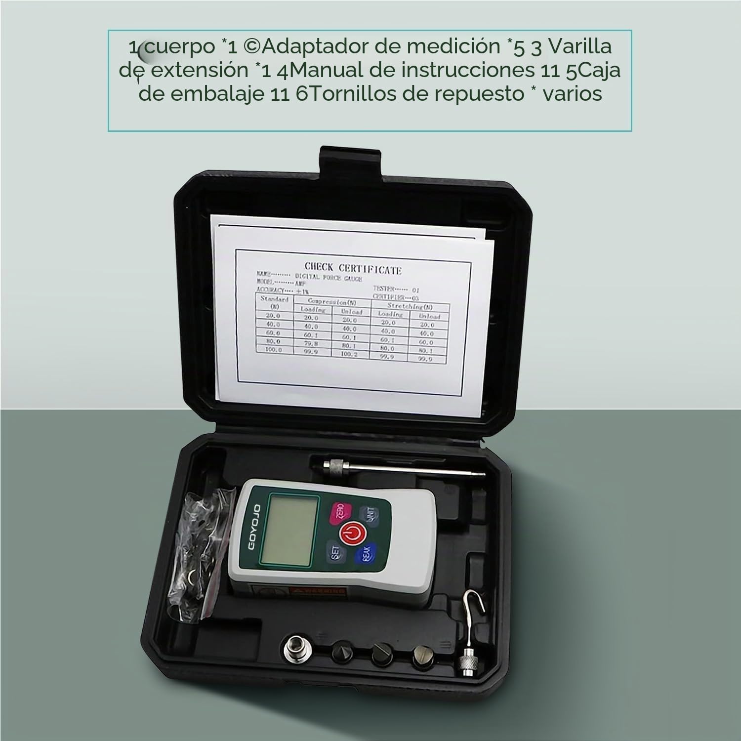 GOYOJO Medidor de Fuerza Digital, Dinamometro Push-pull de Alta Precisión para Ensayos de Tensión y Compresión Unidades (N, kg, lb, oz) Modos Tiempo Real/Pico/Primer Pico para Control de Calidad (50N)
