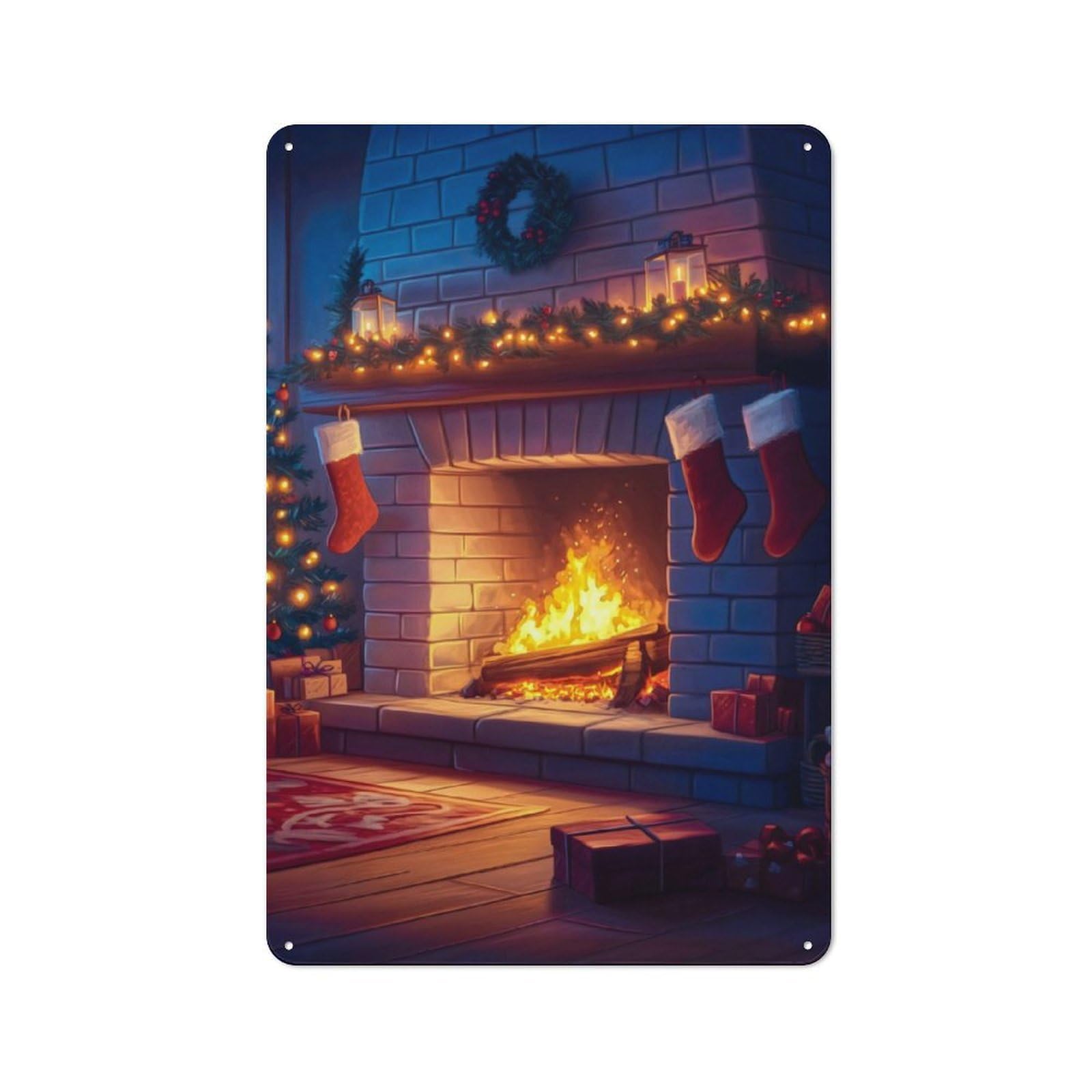 Junmoney Cozy Christmas Fireplace Retro Metal Wall Sign 30X20cm With For Workshop Wall, For Vintage Wall Decor Fans, For Garage And Workshop Walls