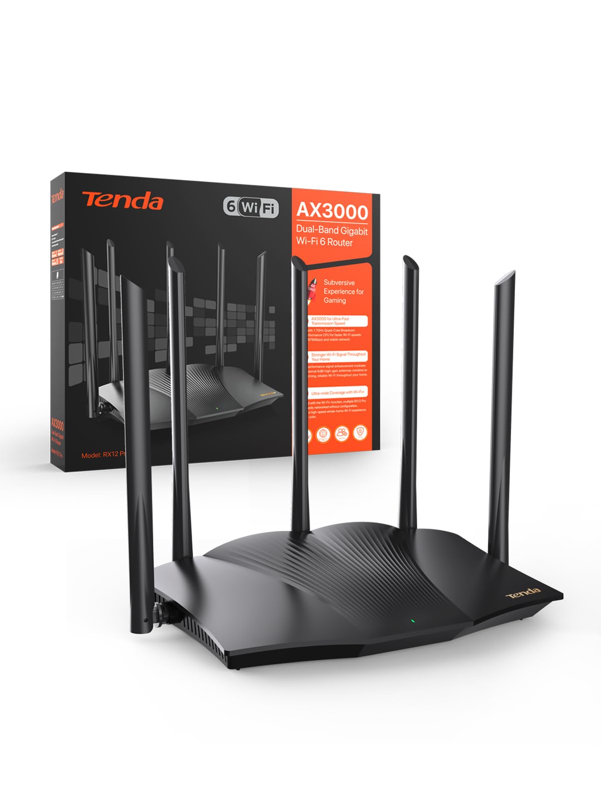 Tenda Wi-Fi 6 Router AX3000 - Dual Band 2.4Ghz/5Ghz, 1xWAN/3xLAN Gigabit Ports, 5x6dBi Antennas, WiFi+ Mesh, Repeater Mode, Support VPN, WPA3, WPS, RX12 Pro