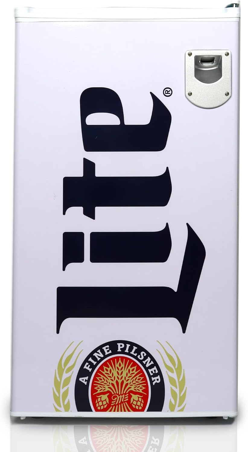 Miller Lite Refrigerator - Mini Fridge For Kitchen, Bedroom, Dorms, Cuarto, Cool Storage For Wine, Drink, Beverages, Compact Free Standing, Neveras Pequeñpara, 3.2 Cubic Feet Capacity, White