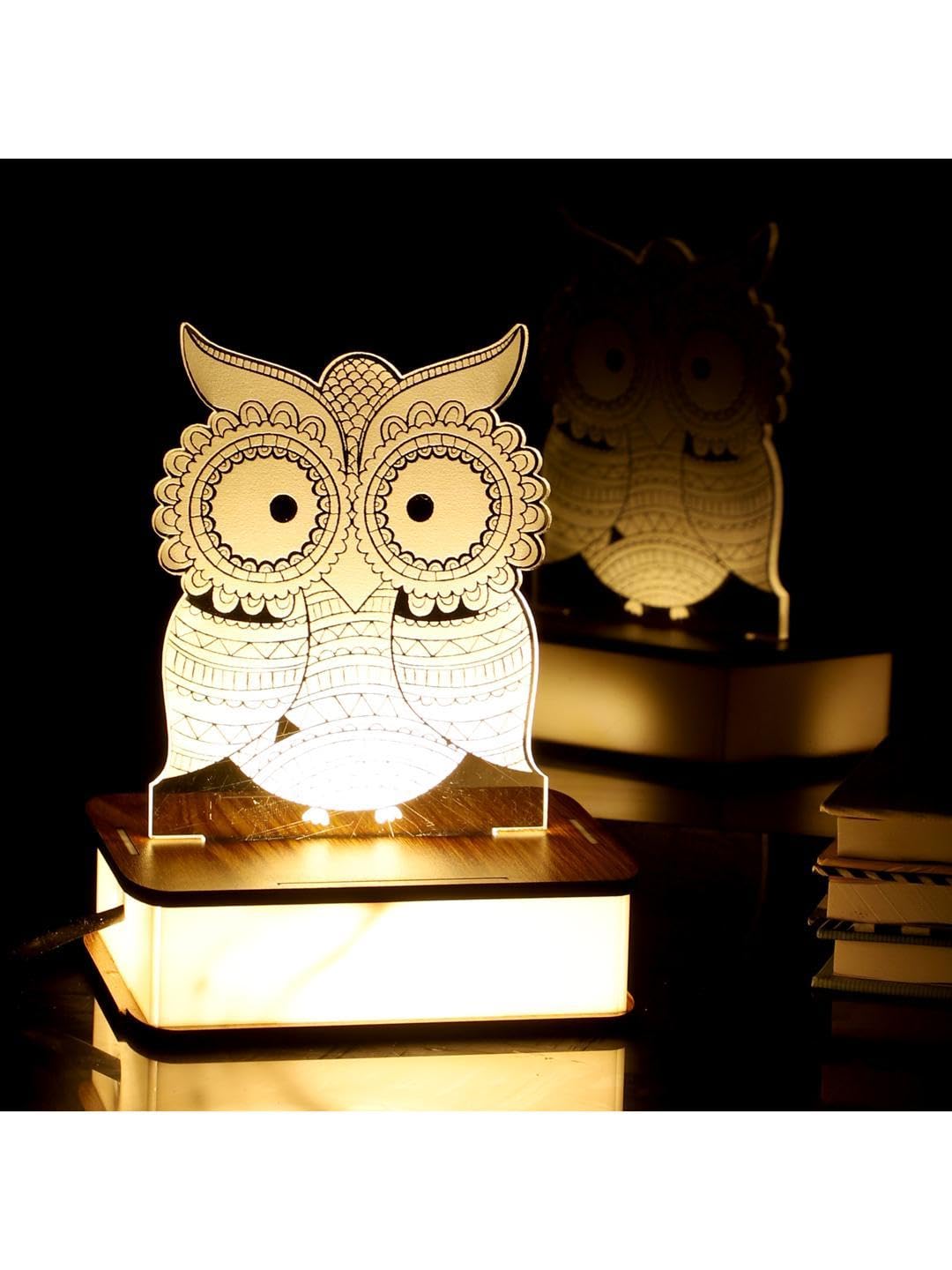Somil 3D Led Illusion Owl Night Light & Table Lamp with White and Yellow Design, Featuring Elegant Wood Fitting. Material: Wood & Acrylic, Dimensions: 13 X 10 X 17 CM-image-43