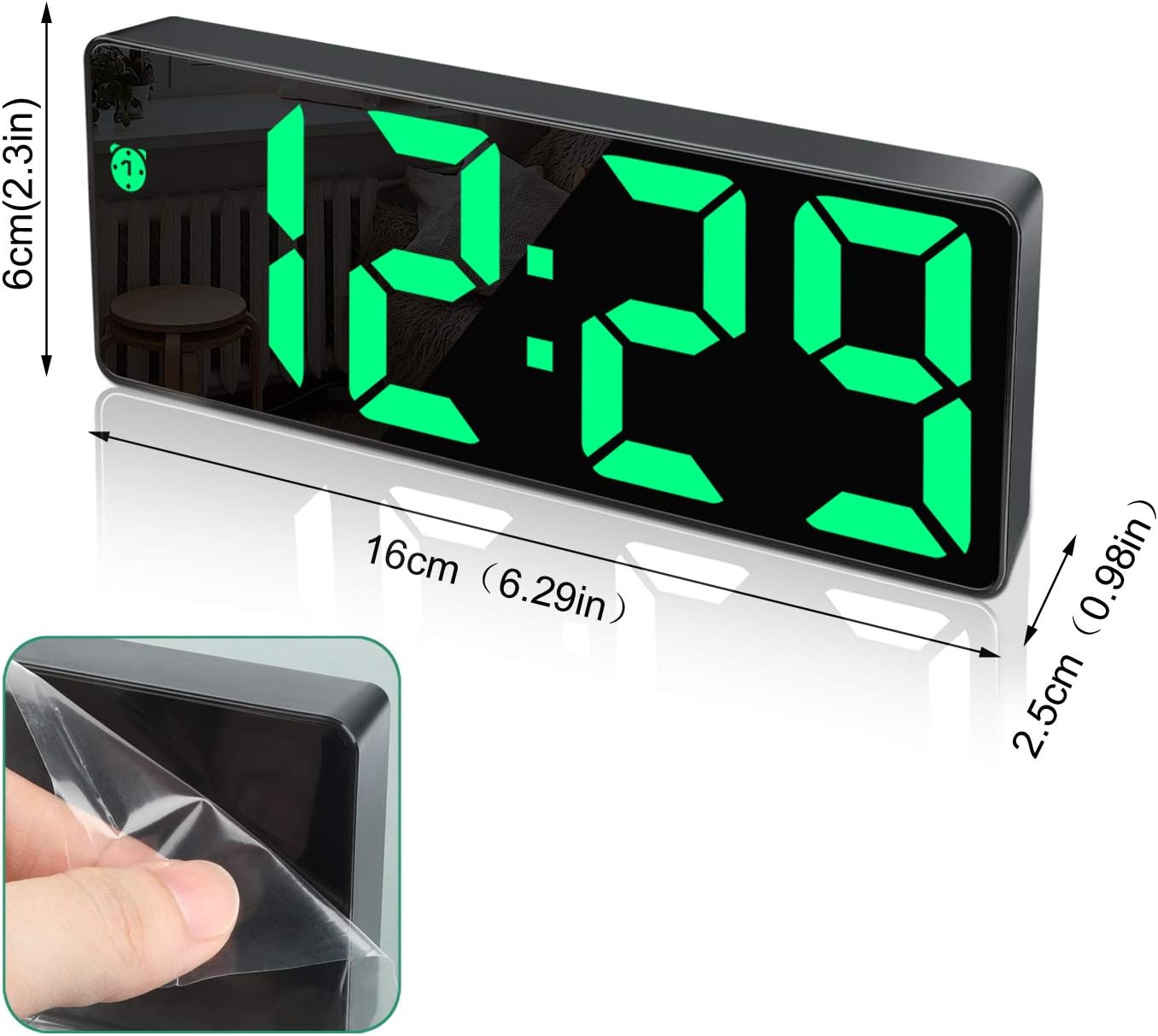 Dimensions of the Edillas Digital Alarm Clock: 16cm length, 6cm height, 2.5cm depth