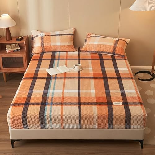 Miniatura 3 de Mengersi Juego de sábanas de felpa de terciopelo, juego de sábanas simples con estampado de vellón a cuadros, acogedoras y cálidas (Queen, naranja)
