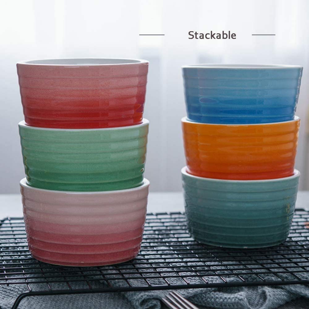 Souffle Ramekins - Vajilla de porcelana de 240 ml en relieve para hornear y salsas, cuenco para hornear y salsas, 6 unidades