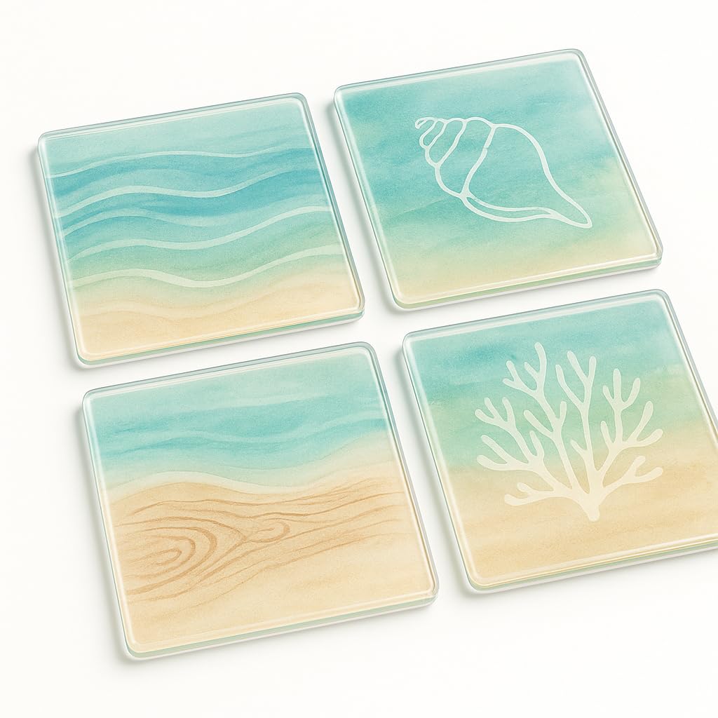 The Plum Penguin Coastal Serenity Acrylic Coaster Gift Set Of 4 With Design - Beach-Inspired Home Decor For Relaxing Moments
