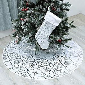 White christmas tree skirt 48 inches large red flannel tree mat with gilded christmas patterns skirt for xmas tree holiday party decorations indoor outdoor with 1 christmas stocking white  urban country home decor