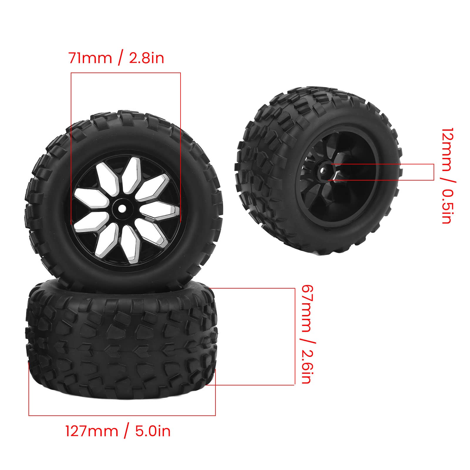 Roues et Pneus RC, Résistance à L'abrasion Haute Performance 4 Pièces 12 Mm Hex RC Voiture Pneus en Caoutchouc et Roues en Plastique pour 1/10 RC Camion pour Traxxas, pour Estampé, pour Rustler