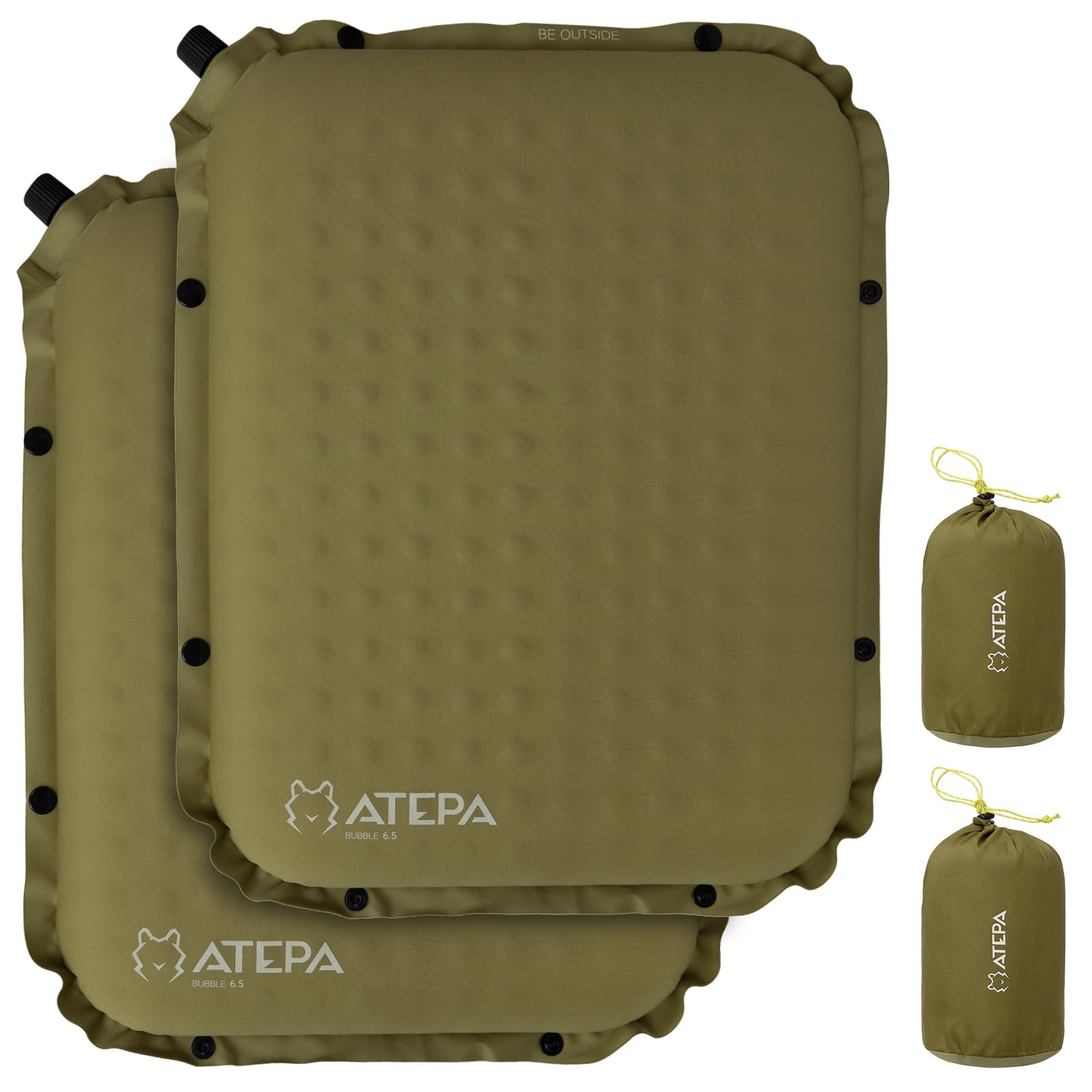 ATEPA Sitzkissen Outdoor, Faltbar Aufblasbar Stadion Flugzeug Unterwegs Camping Wander Bürostuhl Knopfbefestigbar Ultraleicht Foam Selbstaufblasend Sitzkissen, 2er Pack Oliv