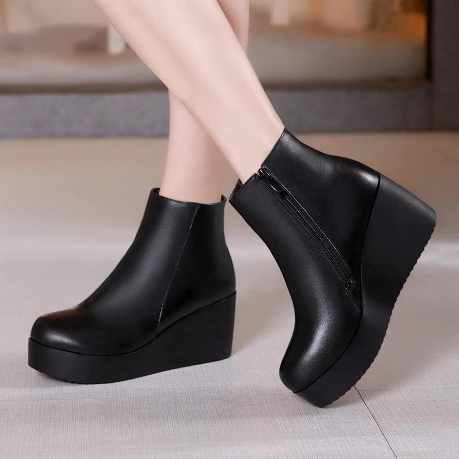 Women's Round Toe Wedge Ankle Boots Zipper Office Shoes Artificial Leather Warm Boots Thick Soled Shoes