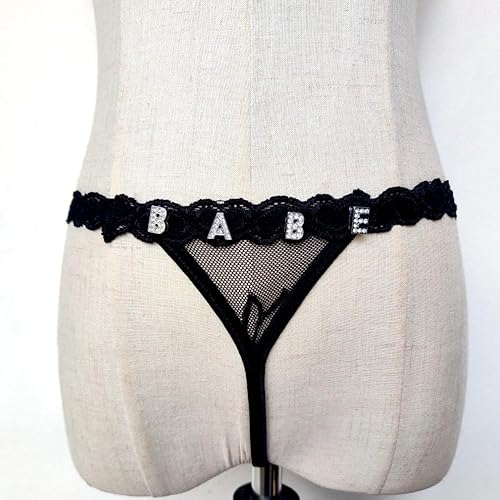 Miniatura 4 de LeDiYouGou Tanga de encaje sexy con letra personalizada para mujer, bragas de cristal personalizadas con nombre, Negro -, Talla única
