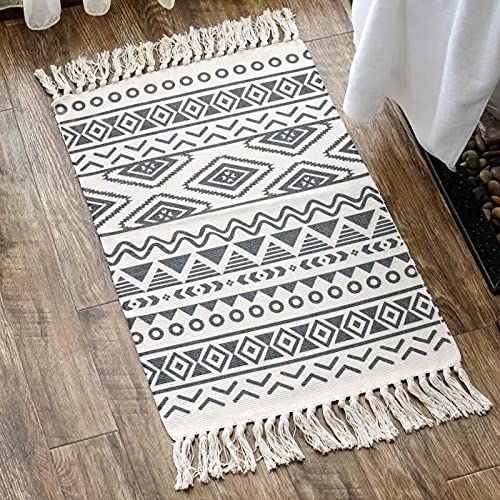 YongXinMY Alfombras bohemias de algodón con flecos para decoración del hogar, alfombra lavable tejida a mano, alfombra vintage de mezcla de lino rústico tatami para dormitorio, entrada, cocina, sala