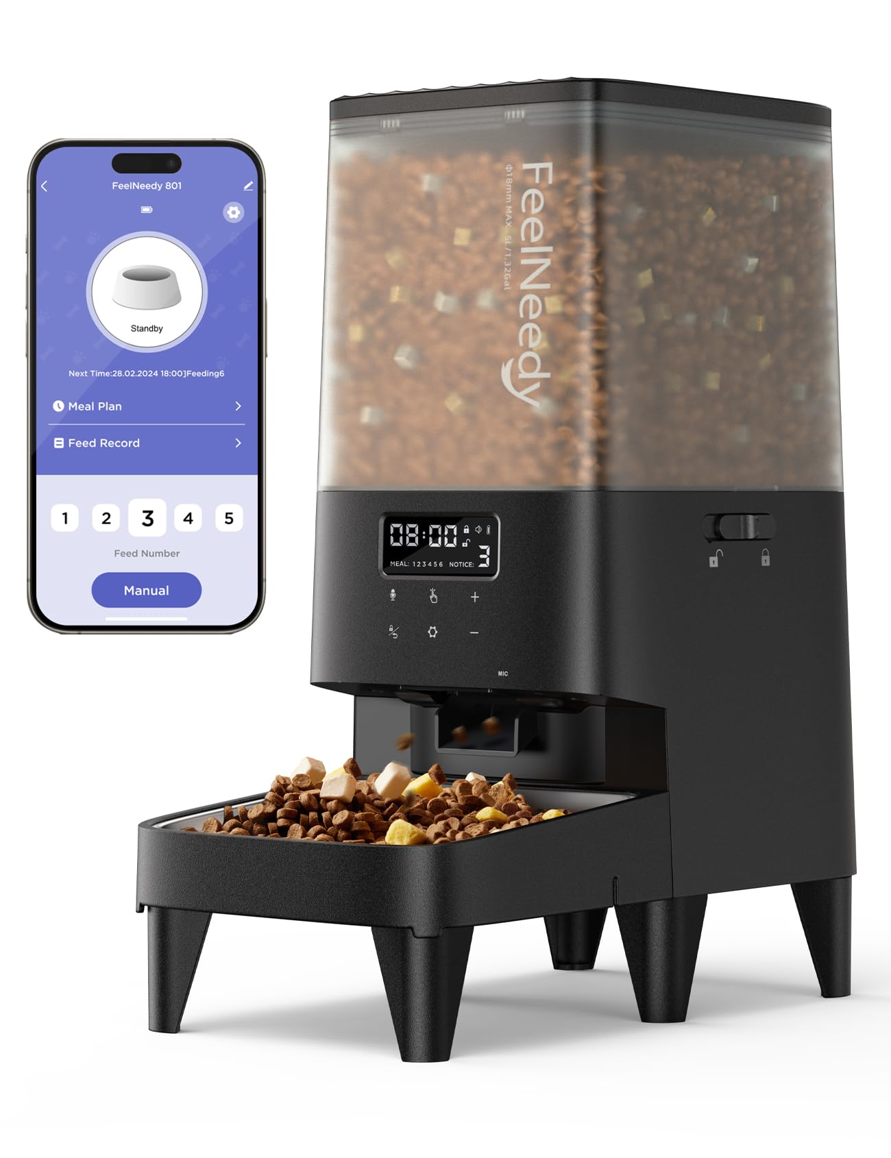 Distributore Automatico Cibo Gatti Cani WiFi 2.4G, FEELNEEDY 5L Dispenser Crocchette Cibo Cani Automatico, Pet Feeder Automatico Mangiatoia per Animali Domestici (APP-Nero)