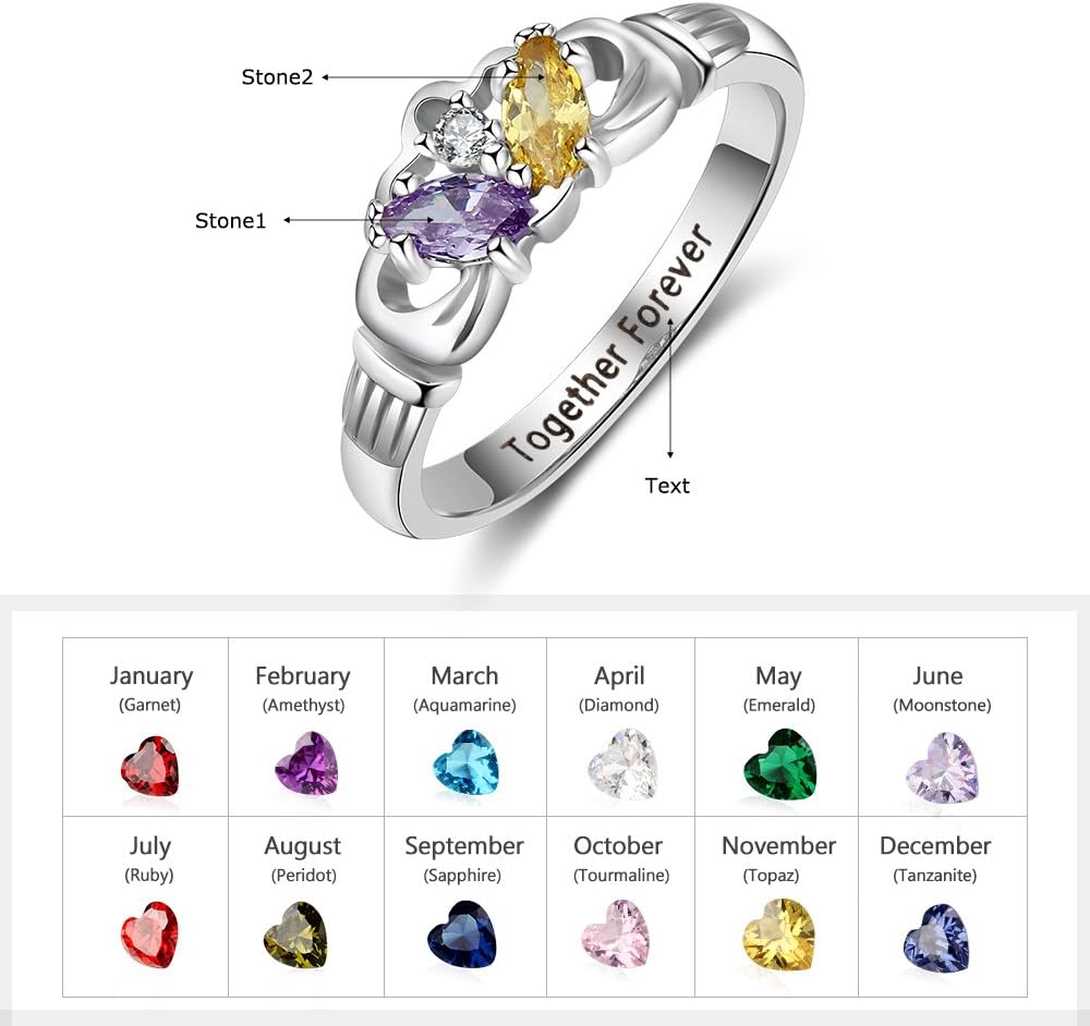 Love Jewelry Personalized 2 Simulated Birthstone Mothers Ring Engraved Names Custom Engagement Promise Rings for Women (8)
