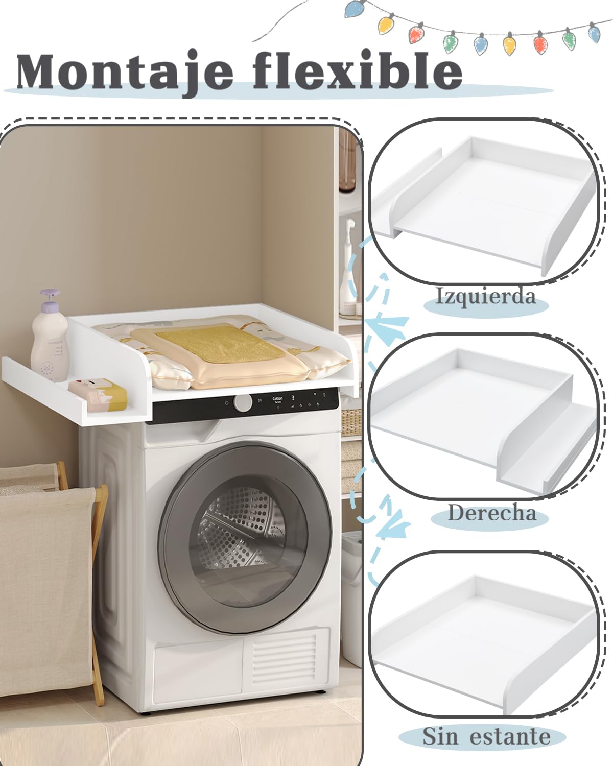 WOLTU Cambiador para Lavadora o Secadora, Tablero Cambiador de Madera con Bordes de Seguridad y Estante de Almacenamiento, Accesorio para Bebé 80x70x16,5 cm