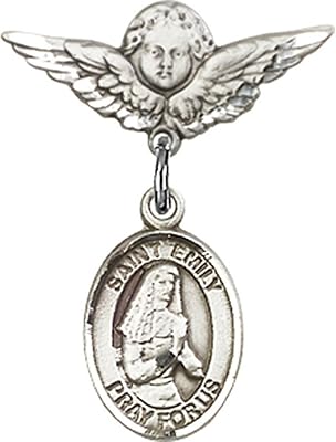 Sterling Silver Baby Badge with St. Emily de Vialar Charm and Angel w/Wings Badge Pin 7/8 X 3/4 inches