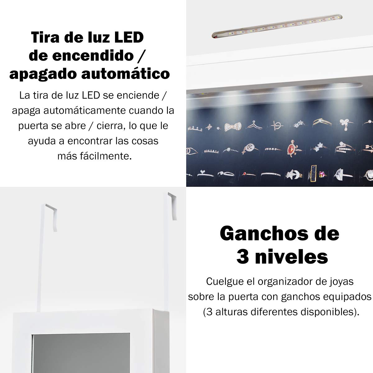 COSTWAY Espejo Joyero de Pared, Armario para Joyas con Espejo de Cuerpo Entero y Tira de luz LED, Armario Joyero Interior Montado en Pared/Puerta, Organizador de Almacenamiento para Pendiente
