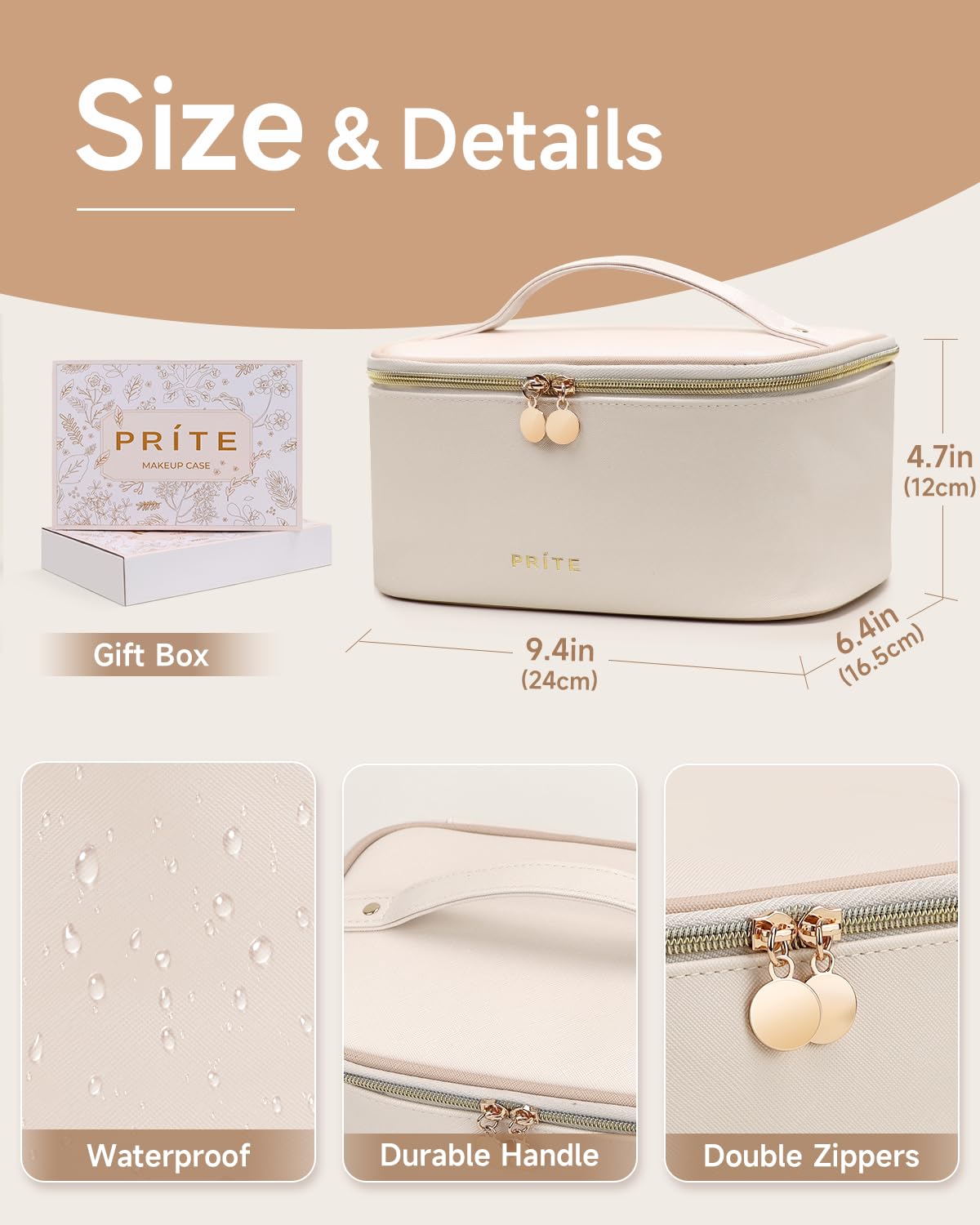 Prite Large Makeup Bag for Women Travel Cosmetic Case Waterproof PU Leather Toiletry Bag Portable Make Up Organiser with Handle and Removable Divider (Beige) - Image 2