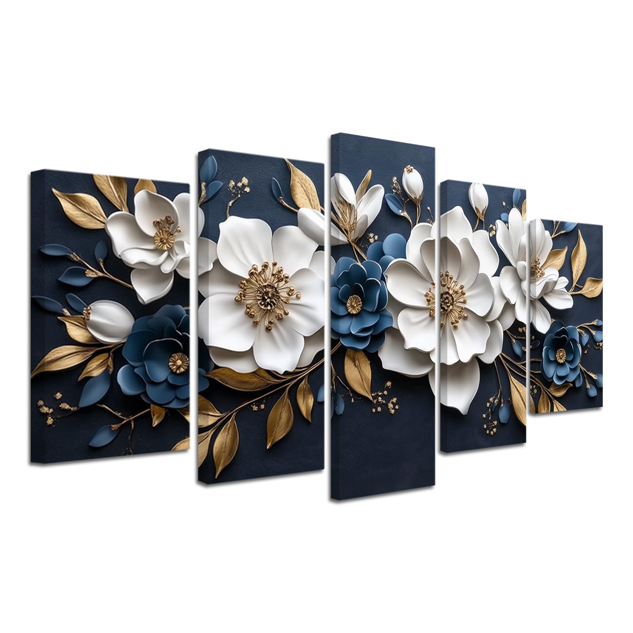 CXHOSTENT Flower Canvas Wall Art 5 Pieces White and Gold Floral Pictures Abstract Elegant Floral Painting Print Large Artwork for Bedroom Office Decor Framed (Blue, 8x14inx2 8x18inx2 8x22inx1)