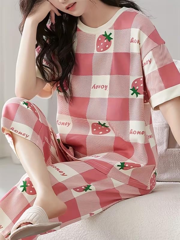 Image of Women Capri Pajama Set Korean Style Nightsuit Soft Breathable Top and Mid Length Pants Lightweight Loose Fit Nightwear Loungewear