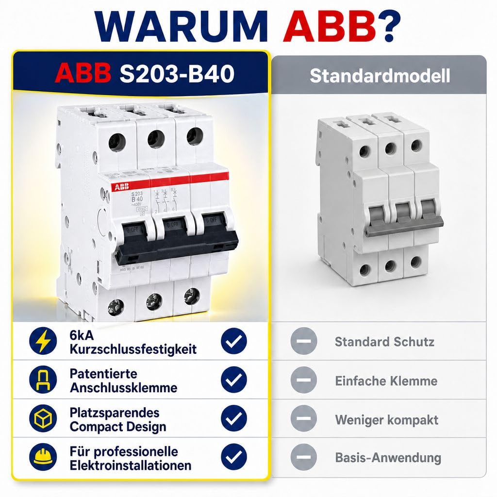 ABB S203-B40 Leitungsschutzschalter 3-polig 40A B-Charakteristik, LS-Schalter 6kA Sicherungsautomat für Drehstrom, Automaten Sicherung für Hutschiene, System pro M compact, 2CDS253001R0405