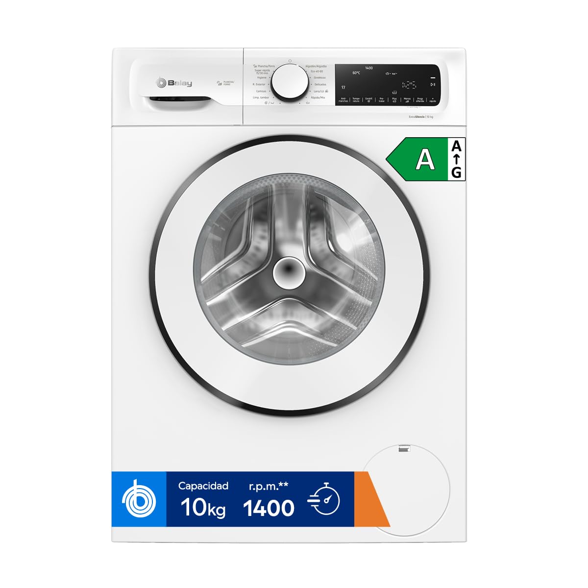 Balay – Lavadora, Libre Instalación, 10 kg, Programa Plancha, Programa Superrápido 15/​30 min., Silenciosa, Blanco, 3TS3107BD