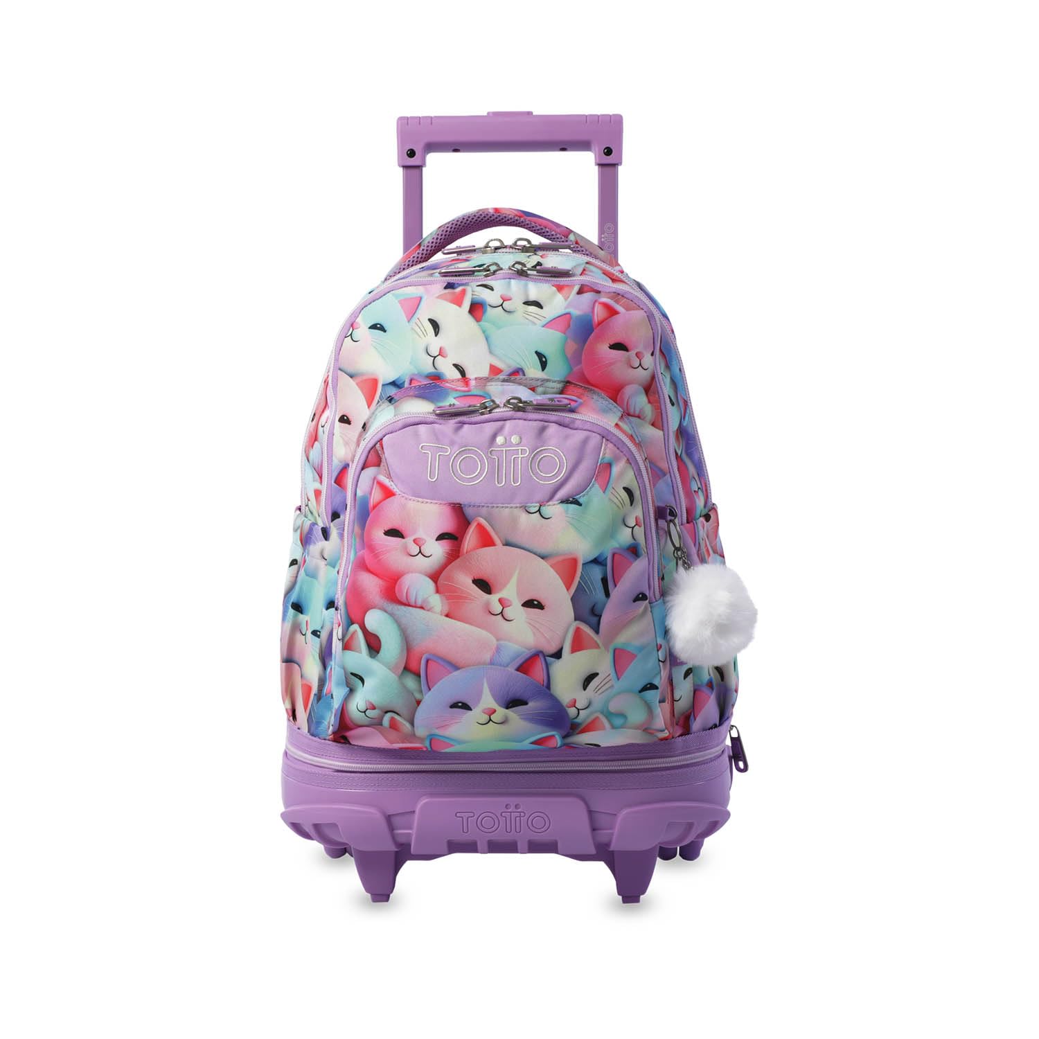 TOTTO - Mochila Escolar con Ruedas Desmontables, Modelo Tiza, Capacidad 26 L, Mochila PC 15.4", Bolsillo Botella, Manija Telescópica, Espaldar Ergonómico y Correas en S, Estampado Mewsy 3D