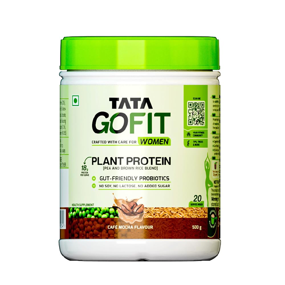 Tata GoFitPlant Protein Powder, Pea & Brown Rice Blend, 18g Protein, Caf Mocha Flavour, 500g (20 Serves), No Soy, No Lactose, No Added Sugar, Vegan