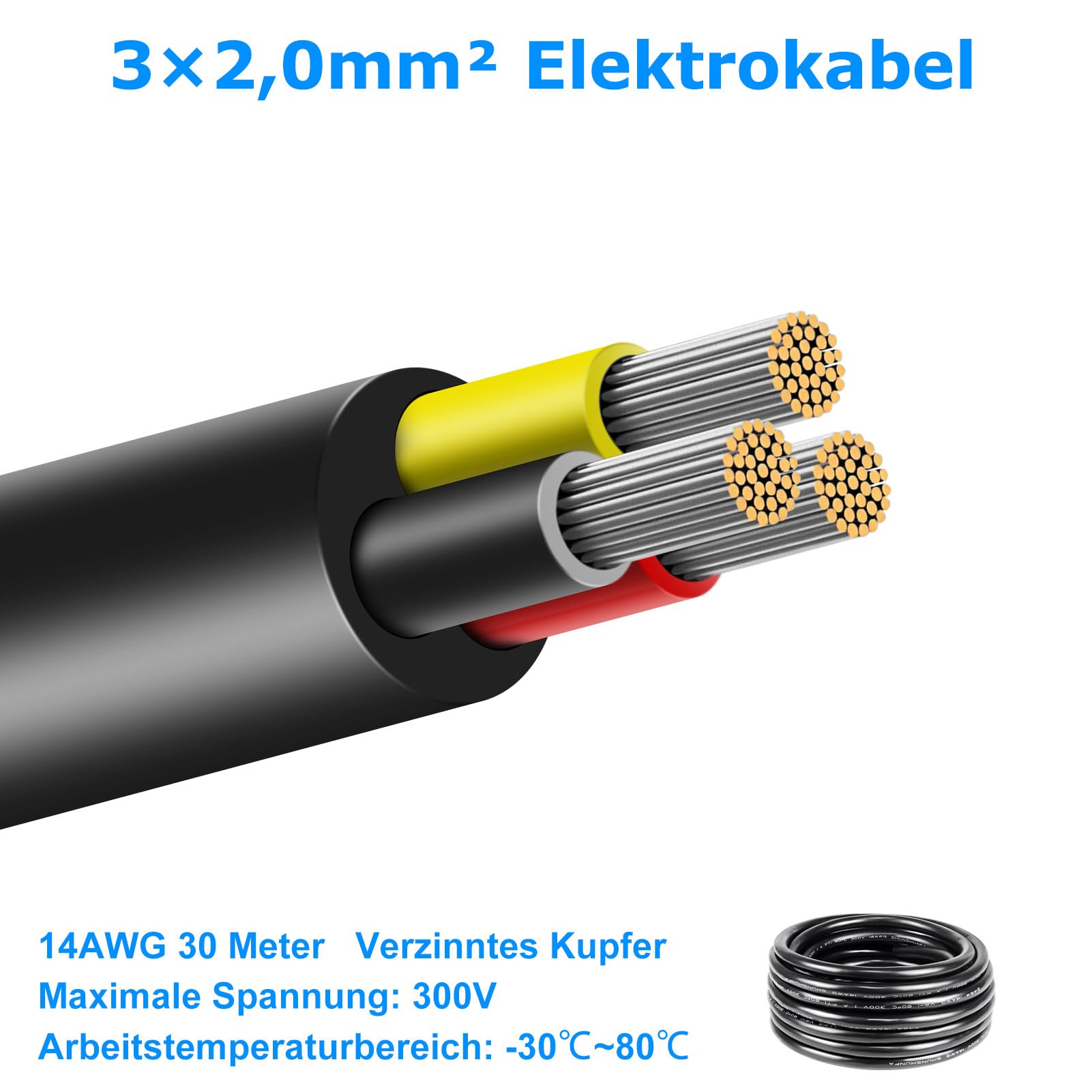 30 m 14AWG 3 x 2,0 mm² kabel elektryczny, 3-żyłowy kabel 5 V/12 V/24 V/300 V, kabel zasilający, ocynkowany kabel miedziany, elastyczny i miękki, niska impedancja, wysoka odporność na temperaturę