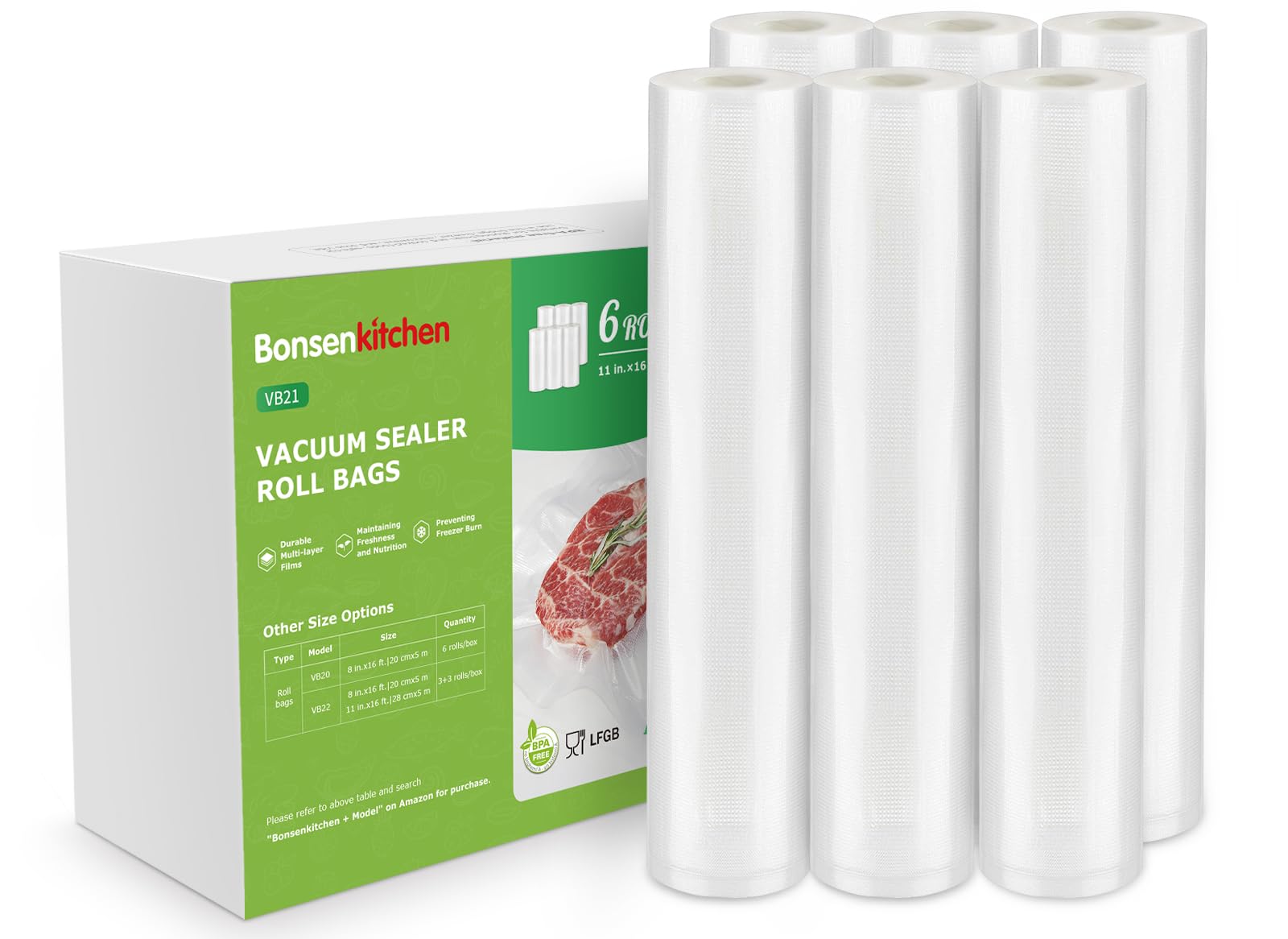 Bonsenkitchen 6 Rolls 11" x 16' Vacuum Sealer Bags for Food with a Color Box, Easy to Store, Commercial Grade, BPA Free, Great for Food Storage or Sous Vide, VB21