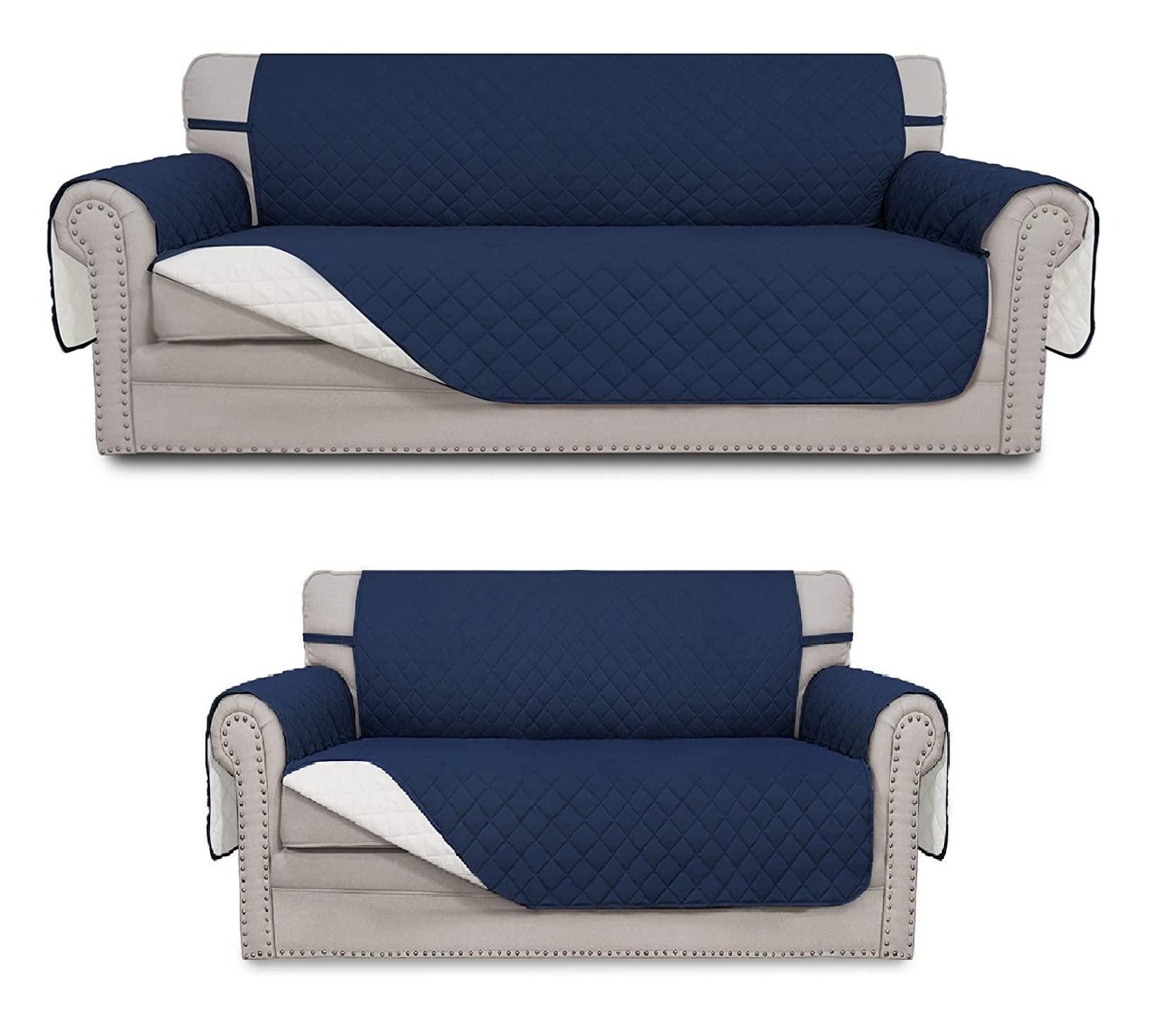CULTIVER Ultra Soft Reversible Sofa Cover 3 Seater and 2 Seater Layer Quilted Water Resistant 2 + 3 Seater Sofa Covers for Living Room (3+2 Seater, Blue and Grey Color), Microfiber-image-48