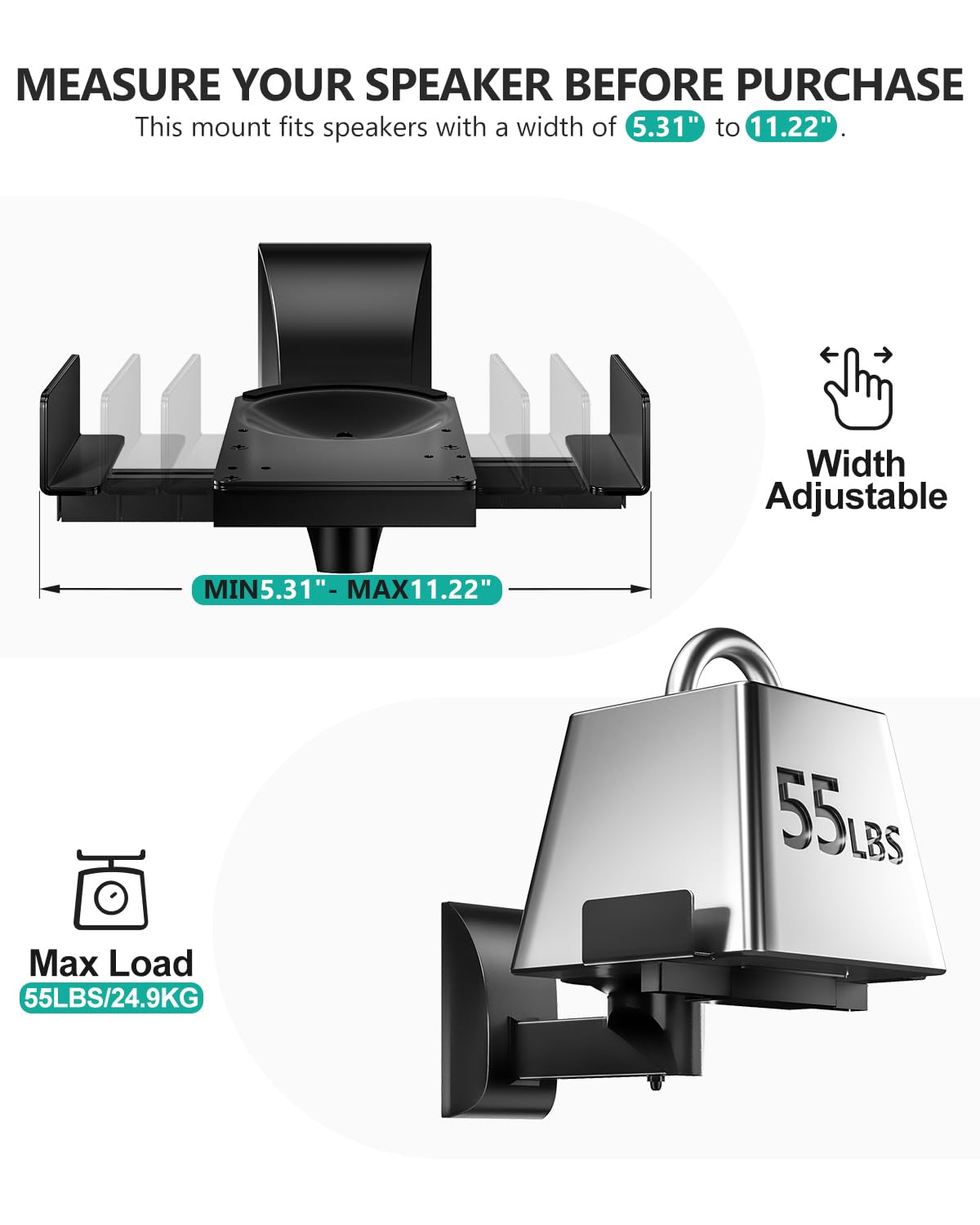 WALI Staffa di montaggio a parete con doppio morsetto laterale per diffusori audio circostanti, fino a 24,9 kg (SWM201), nero