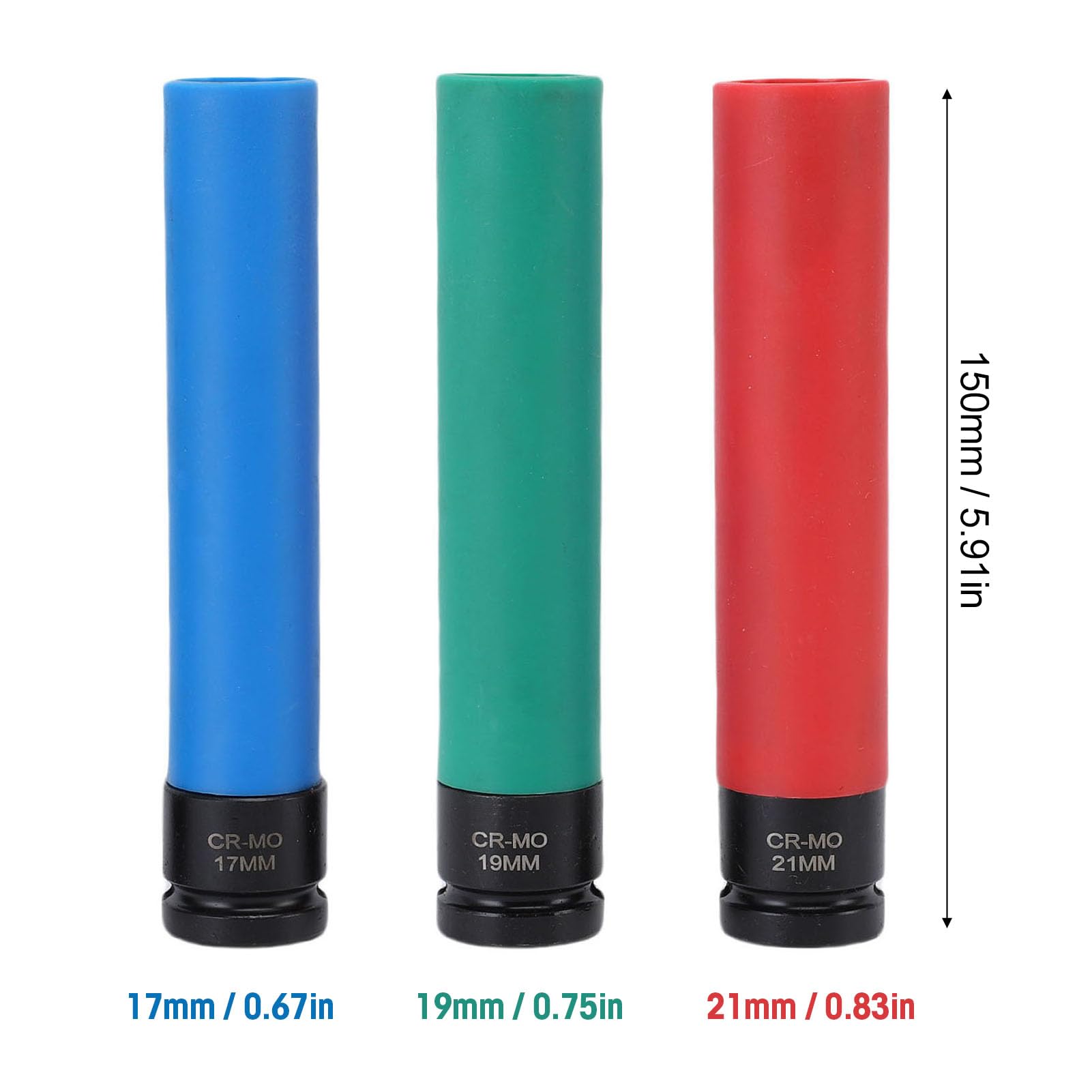 Generic Zestaw 3 nasadek udarowych 1/2 cala, 17 mm, 19 mm, 21 mm, metryczne nasadki do nakrętek kół ze stali CrMo o cienkich ściankach, z kolorowymi osłonami ochronnymi