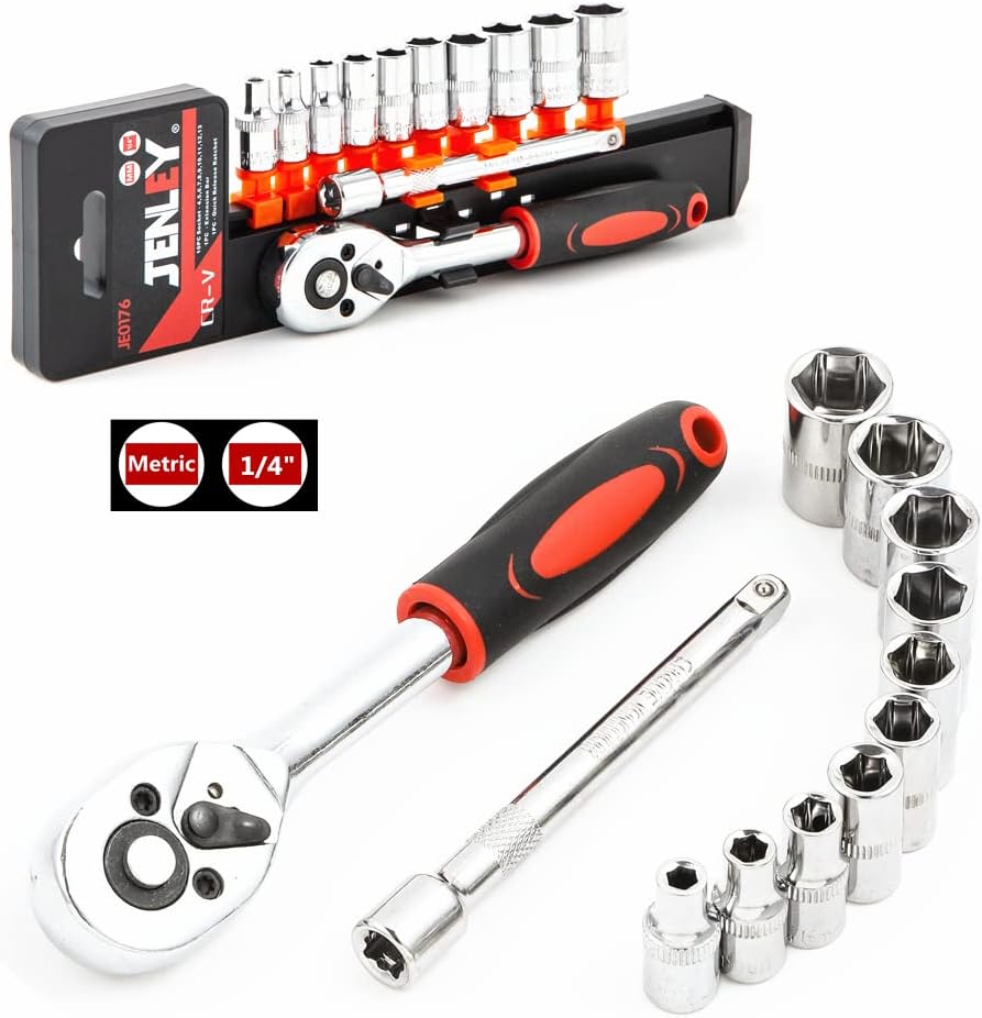 Ratchet Socket Wrench Set 1/4 Inch Drive, Mechanic Tool Kit with 4mm-13mm Metric Sockets, Release Ratchet Handle and Extension bar,Plastic Rack 12-Pieces