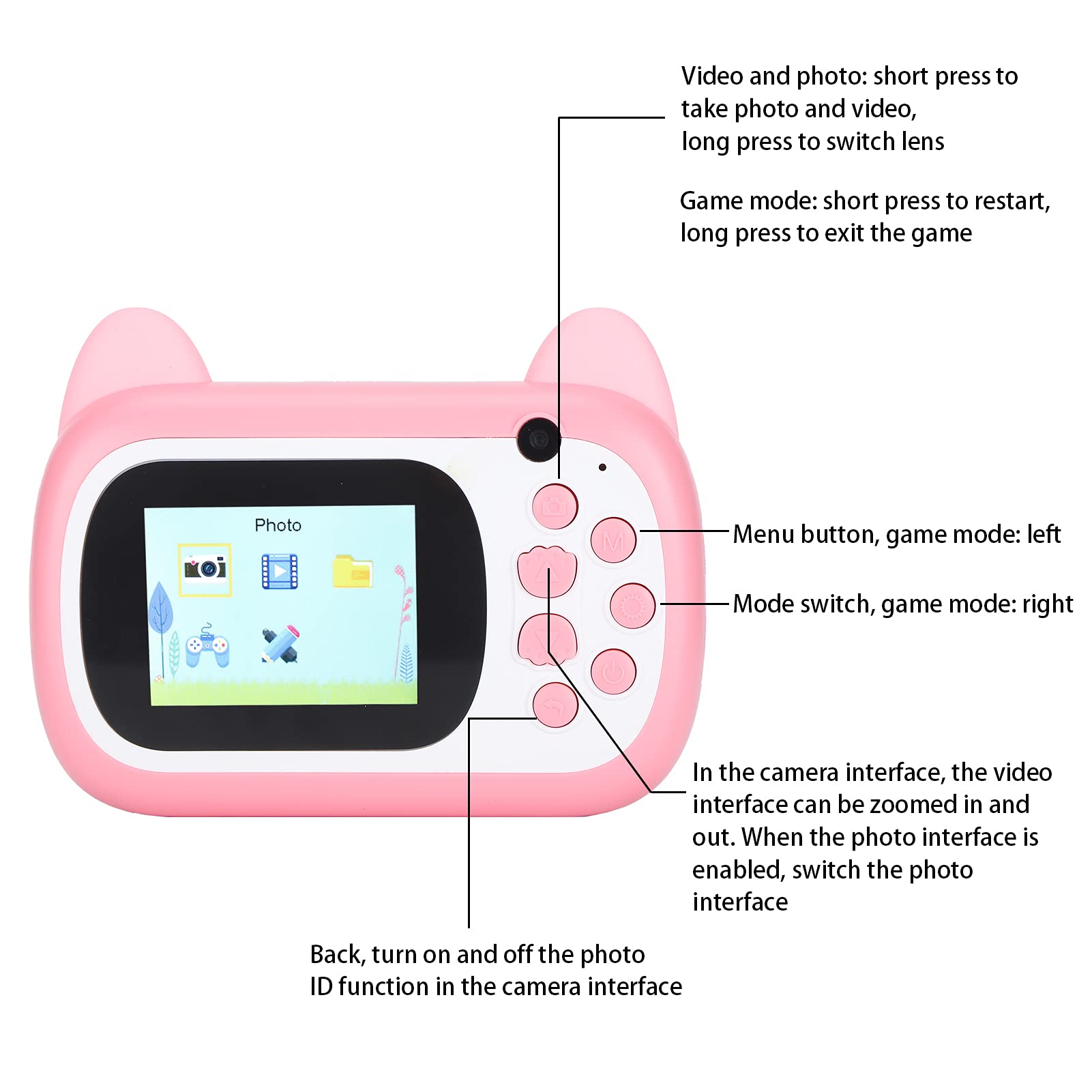 Appareil Photo Instantané Pour Enfants - Impression Noir Et Blanc - Résolution 24 MP, Batterie 1200 MAh - Design Chat Rose
