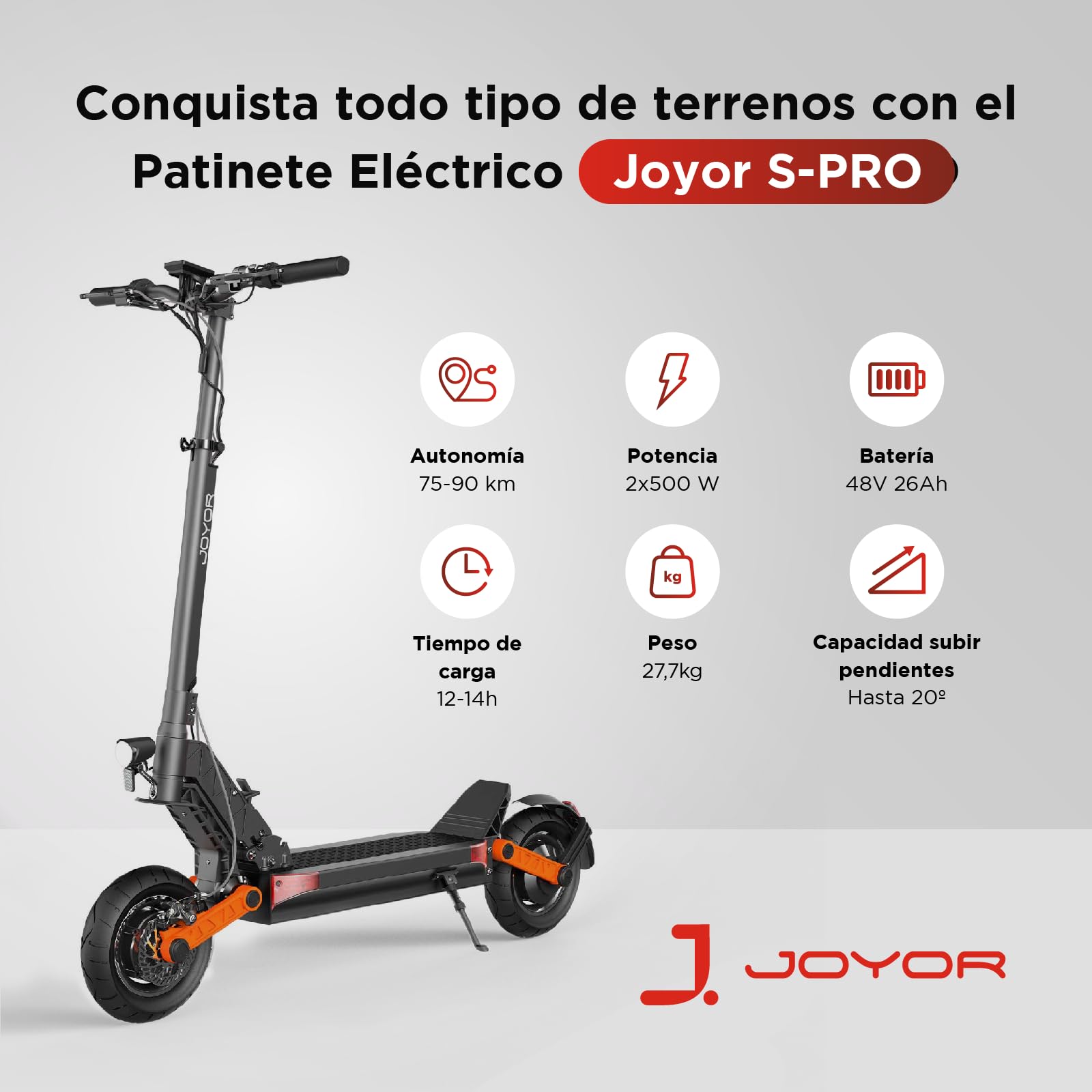 Joyor S-Pro- Patinete eléctrico Todoterreno para Adultos - Alta Autonomía 90 km, Doble Motor 2x500W, Ruedas de 10”, Doble Suspensión, Frenos de Disco Hidráulicos - Homologado DGT