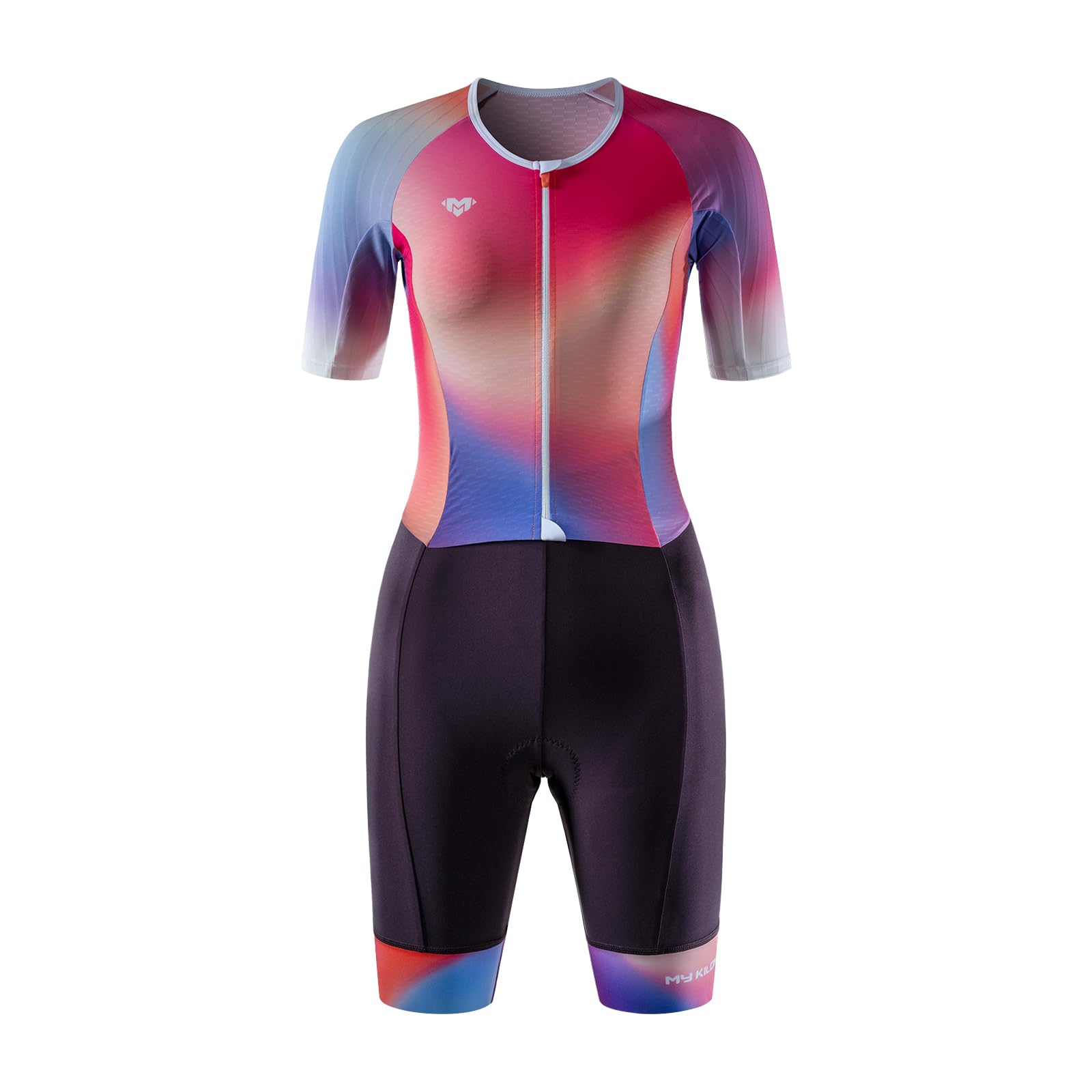 MY KILOMETRE Traje de Triatlón para Mujer Corta Manga – Trisuit con Cremallera Completa y Bolsillos Traseros Secado Rápido para Natación, Ciclismo y Carrera UPF50+