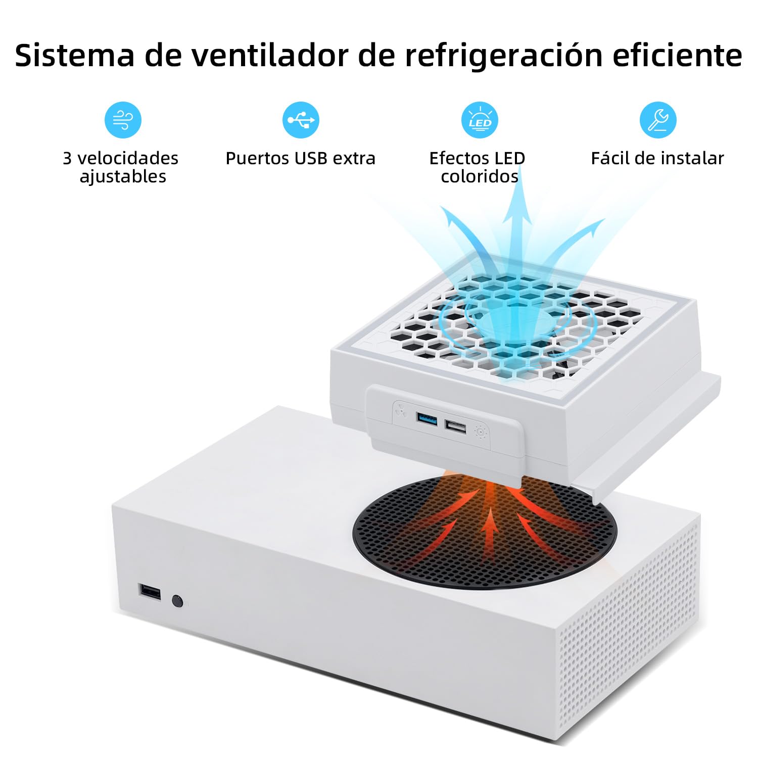 Mcbazel Ventilador de Refrigeración para Xbox Series S, RGB LED, 3 Velocidades Ajustables, Bajo nivel de Ruido, Enfriador Externo con Puertos USB adicionales solo para Consola Xbox Series S