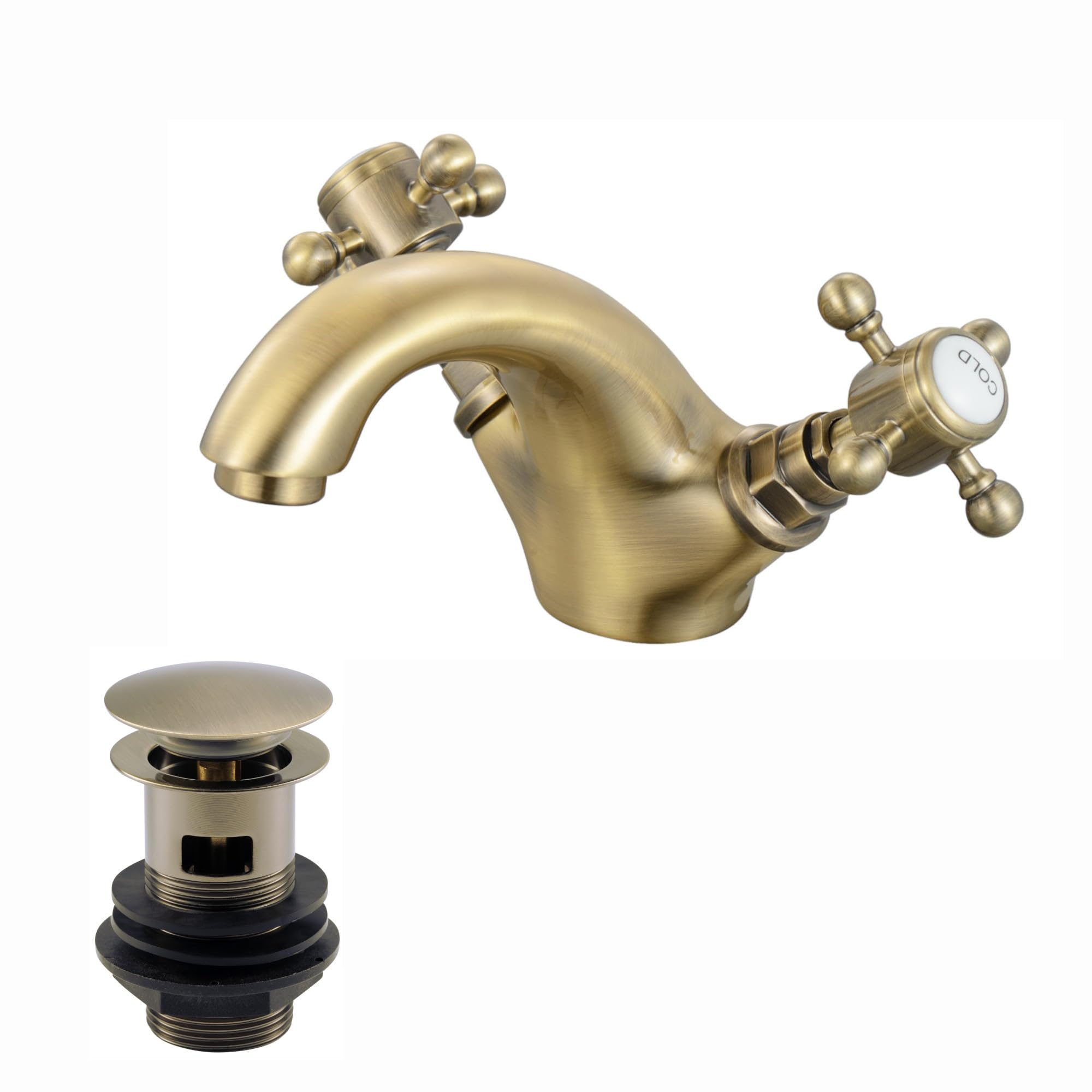 Enki Women's Antique Brass Camberley, Bbt0138, Bathroom Basin Sink Mixer Taps & Slotted Waste, Traditional Victorian Cross Handle, Solid Brass, Easy Clean, Traditional Design, Easy To Install